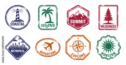 Grungy Textured Travel Passport Stamps and Destination Adventure Icons Collection for Tourism Branding