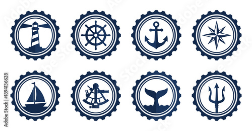 Flat Nautical Icon Stamp Collection with Scalloped Edges for Marine Branding and Ocean Themed Scrapbooking Assets