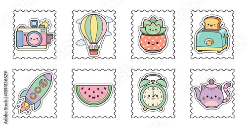 Kawaii Pastel Object Postage Stamp Set for Creative Scrapbooking and Stationery Design Assets
