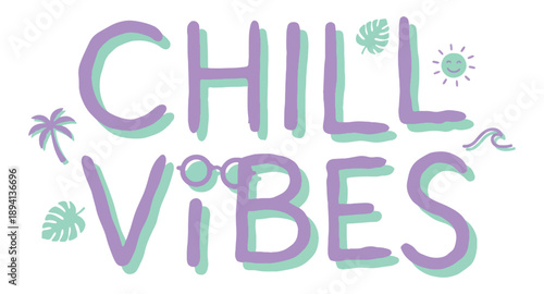 Relaxing chill vibes typography with tropical elements sunglasses palm leaf sun wave and palm tree illustration on white