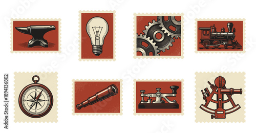 Vintage Industrial and Navigation Invention Postage Stamp Set for Steampunk Scrapbooking and History Education