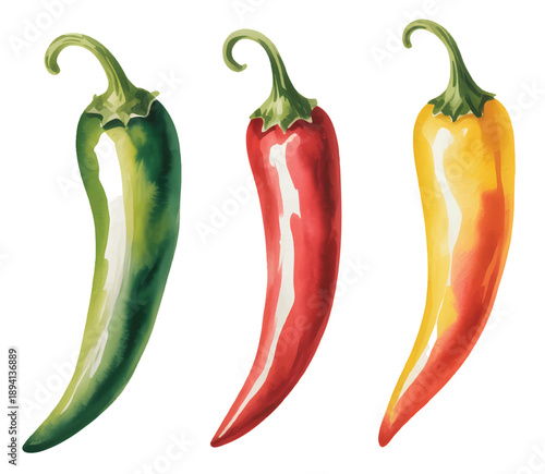 Rustic hand painted chili peppers isolated on a white background.

