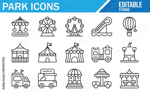 Holiday Park Line Icons. Summer Fair, Rides, and Games Vector Set.