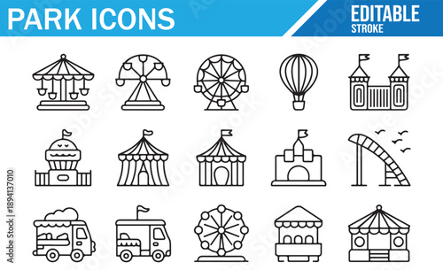 Recreation Park Icons. Family Fun, Rides, and Entertainment Vector.