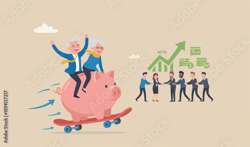 Retirement planning, success investment in 401K, Roth IRA or retirement pension concept, couple meeting team man riding huge piggy bank with his wife fast growth skate board.