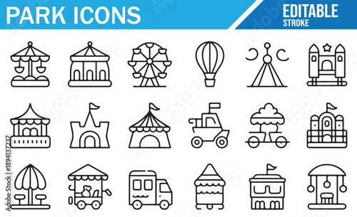 Fairground Line Icons. Ferris Wheel, Carousel, and Circus Tent Vector Set.