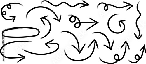 A collection of hand drawn black arrows and swirling shapes suggests movement direction and abstract pathways on a white background high quality professional
