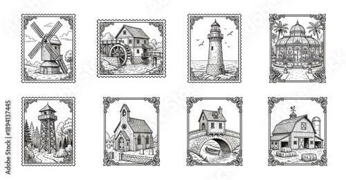 Vintage Hand Drawn Rural Architecture Postage Stamp Collection for Scrapbooking and Paper Crafting