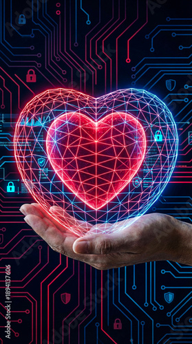 Hand Holding Glowing Wireframe Heart Against Digital Circuit Background with Security Icons