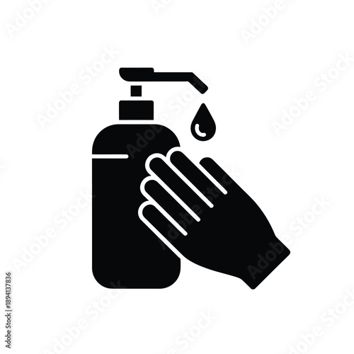 A black silhouette icon depicting a hand receiving a drop of sanitizer or soap from a pump dispenser bottle, illustrating hand hygiene.