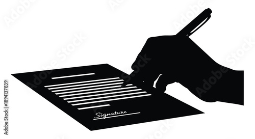 Hand signing a document with a pen black silhouette