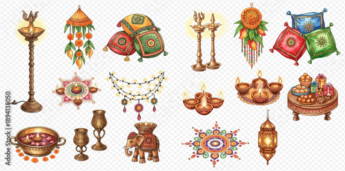 Watercolor collection of traditional Indian Diwali decorations and elements.