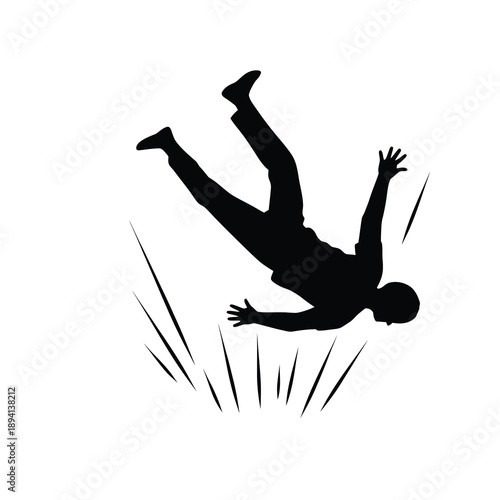 Silhouette of a person falling headfirst with arms outstretched, depicting a sudden impact or uncontrolled descent.