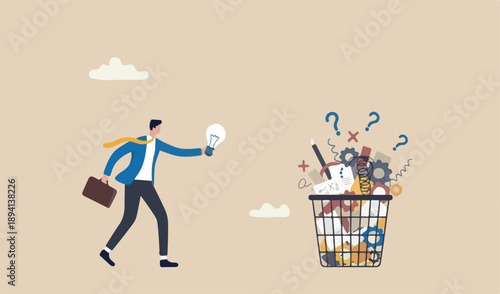 Wasted unworkable ideas, business failure or too many abandoned projects concept, frustrated businessman throw away lightbulb idea into full junk idea