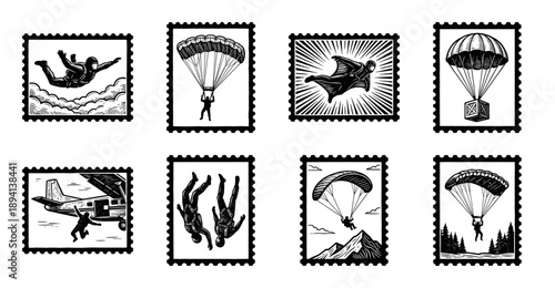 Linocut Skydiving and Parachuting Postage Stamp Collection for Extreme Sports Stationery and Scrapbooking