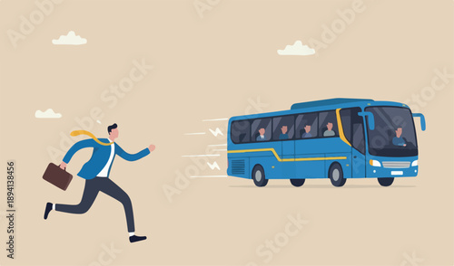 Left behind, exclusion or forgotten employee, failure or mistake to come late and miss the bus, opportunity, frustrated businessman late running catch the run away team bus.