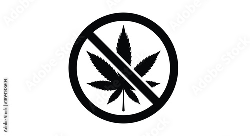 Prohibition symbol featuring cannabis leaf stark black silhouette