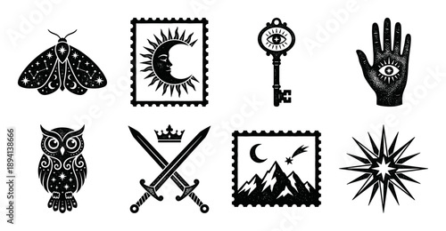 Mystical Celestial Hand-Drawn Postage Stamp Collection for Esoteric Scrapbooking and Stationery Design