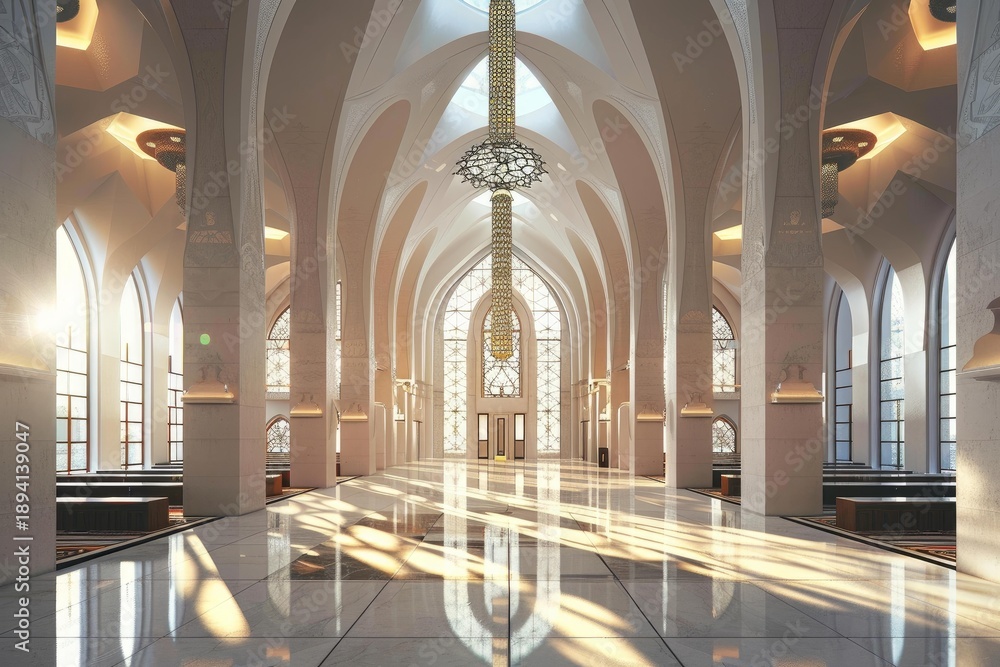 Naklejka premium Empty modern mosque interior with sunlight shining through large windows and elegant chandelier