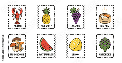 Minimalist Colorful Food and Fruit Postage Stamp Collection for Culinary Scrapbooking and Kitchen Decor