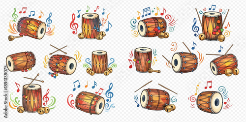 Set of traditional Indian Dholak drums with musical notes and decorative elements, hand-drawn vector illustration.