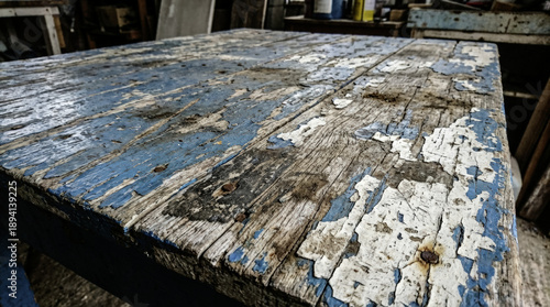 Old wooden table peeling paint rustic texture blue white weathered vintage distressed surface close up aged