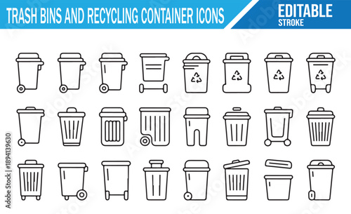 Collection of linear recycling and trash bins for waste management.