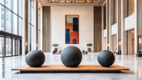 Monumental dark stone spheres rest upon a wooden platform in a spacious, modern architectural interior