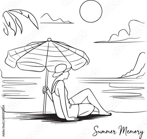 Woman Relaxing Under Beach Umbrella Near Water's Edge