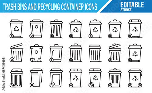 Line art trash and recycling bin icons set with editable stroke.