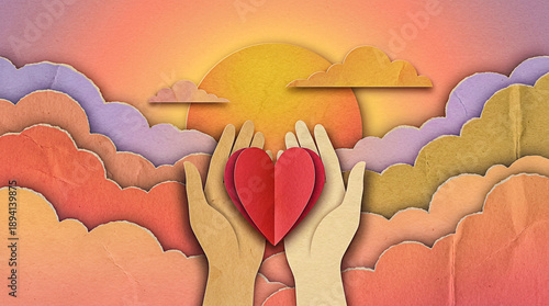 Paper Cut Hands Holding Red Heart Against Sunset Sky with Layered Clouds