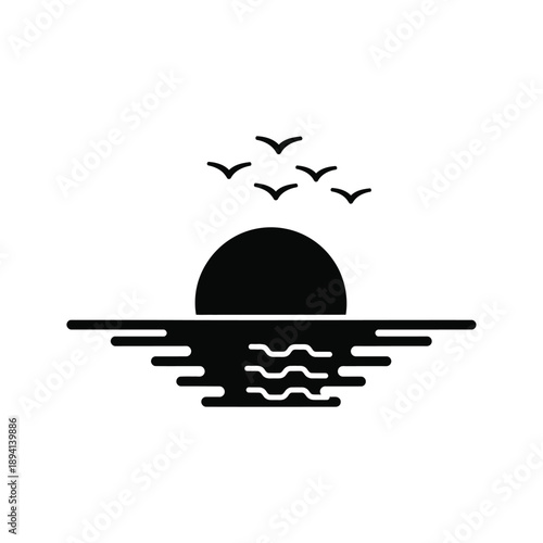 Elegant minimalist black silhouette of a tranquil sunset over water with a flock of flying birds
