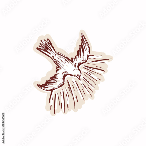 Holy Spirit dove descending illustration clip art. Black and white hand drawn motif for church , faith based bible study. Isolated vector flat for church announcement card, retreat, christian sticker