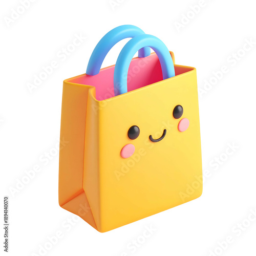 A charming, 3D rendered shopping bag with a cute face, bright colors, and soft shadows