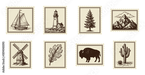 Vintage Hand Drawn Nature and Landmarks Postage Stamp Collection for Scannable Travel Stationery