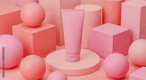 Pink Cosmetic Tube on Matching Podium with Monochrome Geometric Shapes