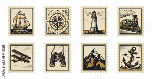 Vintage Nautical and Adventure Illustration Postage Stamp Collection for Travel Scrapbooking