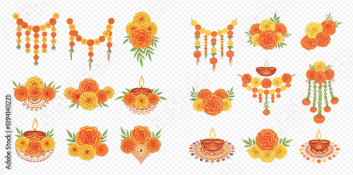 Set of traditional Indian marigold flower garlands and decorative elements for festivals and celebrations.