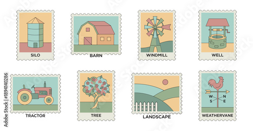 Minimalist Pastoral Farm Life Postage Stamp Collection for Rural Branding and Agricultural Scrapbooking Projects