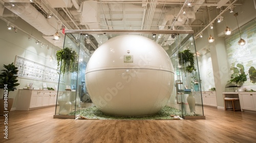 Large white sensory deprivation pod displayed inside a modern wellness center