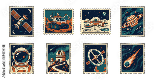 Vintage Retro Futurism Space Exploration Postage Stamp Collection for Scrapsbooking and Sci-Fi Stationery Design