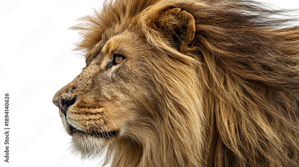 Naklejka premium Majestic lion with a beautiful mane isolated on transparent background looking sideways
