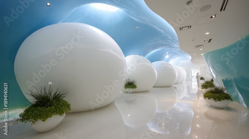Interior architectural design features large white spheres and flowing blue ceiling elements