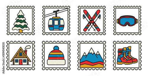 Flat Line Art Winter Ski Resort Postage Stamp Collection for Mountain Travel Stationery and Scrapbooking