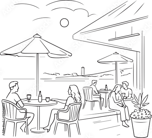 People enjoying leisure time at a seaside cafe with umbrellas and tables