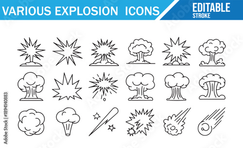 Editable stroke explosion icons set. Linear vector blast symbols.