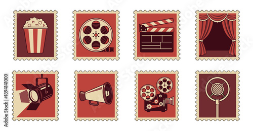 Retro Cinematic Arts Vintage Postage Stamp Collection for Film Industry Branding and Movie Theater Decor