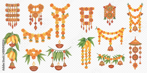 Set of traditional Indian festive decorations with marigold flowers, mango leaves, and oil lamps for Diwali and other celebrations.