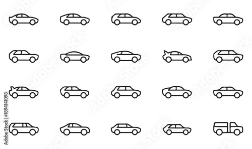 Set of minimalist car side view outline icons showing various vehicle body styles and modern transportation
