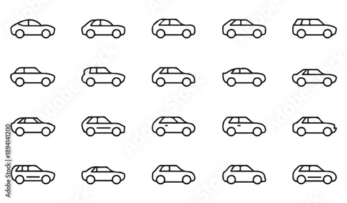 Outline car icons set including various subcompact and compact vehicle models for transportation interfaces